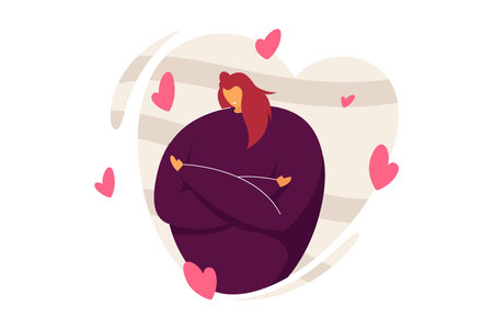 Love yourself and body positive concepts. Happy woman surrounded by hearts hugging herself, expressing love, confidence, and care. Flat vector illustrationのイラスト素材