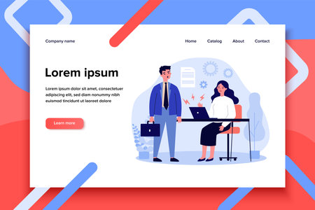 Businessman and businesswoman with broken laptop. Employees failed reading document flat vector illustration. Technology and office work concept for banner, website design or landing web pageのイラスト素材