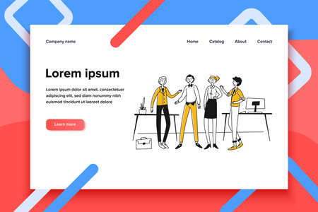 Creative team in their office. Group of happy, friendly, united people standing together flat vector illustration. Teamwork, cooperation, success concept for banner, website design or landing web pageのイラスト素材