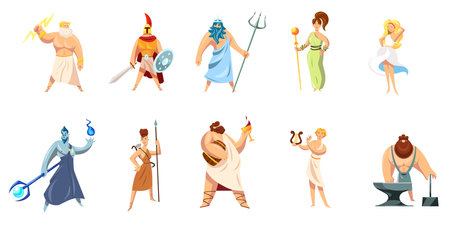 Greek mythology characters collection. Athena, Hephaestus, Ares, Poseidon, Zeus, Dionysus, Hephaestus, Aphrodite, Apollo. Vector illustration for ancient gods, Greece, religious culture conceptのイラスト素材
