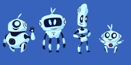 Futuristic robots collection. Humanoid, cyborg, helper isolated on blue background. Flat vector...