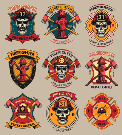 Firefighter patches set. Badges with skulls in helmets, axes, hydrant, red heraldry with ribbons. Colored vector illustrations collection for firemen, fire department, rescue conceptのイラスト素材