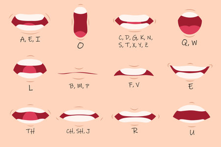 Creative mouth sync flat set for web design. Cartoon talking mouths lips for character animation isolated vector illustration collection. English pronunciation and speaking articulation conceptのイラスト素材
