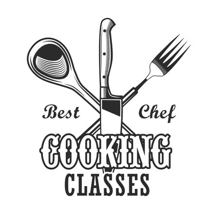 Best cooking classes label design. Monochrome element with crossed knife, spoon, and fork vector illustration with text. Workshop and course from chef concept for stamps and emblems templatesのイラスト素材