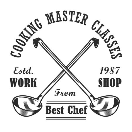 Cooking class label design. Monochrome element with crossed ladles vector illustration and text. Workshop and course from chef concept for stamps and emblems templatesのイラスト素材