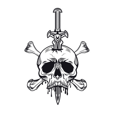 Dagger tattoo design. Monochrome element with knife, skull, cross bones vector illustration in vintage style. Blade weapon concept for symbols or emblems templatesのイラスト素材