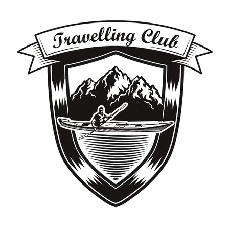 Kayaker label design. Monochrome element with tourist in kayak, river, forest vector illustration with text on ribbon. Travel and adventure club concept for stamps and emblems templatesのイラスト素材
