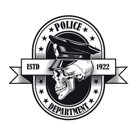 Black skull wearing policeman cap sticker vector illustration. Vintage label for police department. Law and order concept can be used for retro template, banner or posterのイラスト素材