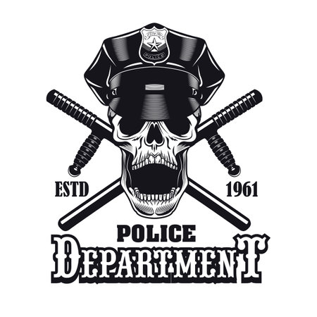 Retro policeman skull and crossed truncheons vector illustration. Vintage badge for police department. Law and order concept can be used for retro template, banner or poster.のイラスト素材