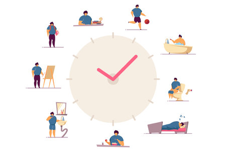 Happy boy daily routine clocks flat vector illustration. Cartoon child schedule from eating breakfast in morning to sleeping at night. Everyday life and health activity, lifestyle conceptのイラスト素材