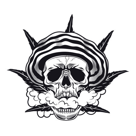 Hemp smoker symbol design. Monochrome element with skull in rastaman panama, cannabis leaf, smoke cloud vector illustration with text on ribbon. Marijuana concept for emblems and tattoo templatesのイラスト素材