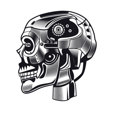Artificial intelligence skull emblem design. Monochrome element with robots head vector illustration. Robotics concept for symbols or tattoo templatesのイラスト素材