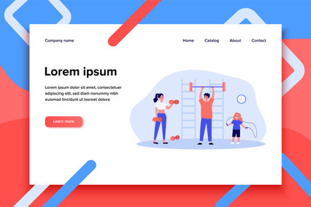 Happy family exercising in gym. Parents, kids, weightlifting, jumping rope flat vector illustration. Sport, family activity, fitness concept for banner, website design or landing web pageのイラスト素材