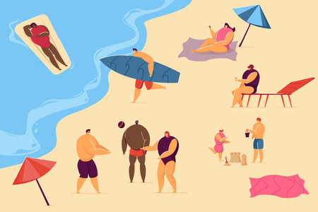 Positive people relaxing on beach isolated flat vector illustration. Cartoon various characters swimming in sea, sunbathing and playing on coast. Summer activity and leisure conceptのイラスト素材