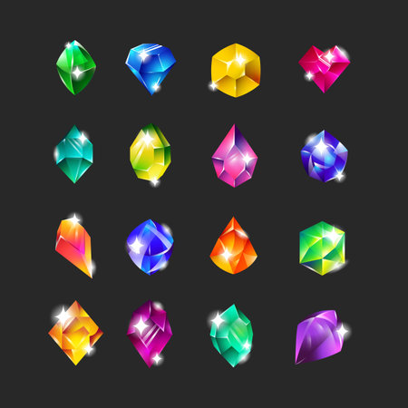 Royal multicolor gems flat icon set for web design. Cartoon jewels, magic stones and crystals isolated vector illustration collection. GUI and game achievement conceptのイラスト素材