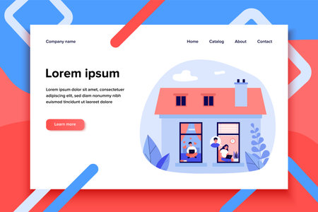 Couple chatting online. Young girl and guy using laptops at their homes, view from outside. Flat vector illustration. Communication, dating site concept for banner, website design or landing web pageのイラスト素材