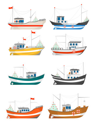 Collection of fishing boats vector illustrations. Fisherman trawlers, ships with cranes lifting nets isolated on white. For food and seafood industry, marine job, transportation conceptのイラスト素材