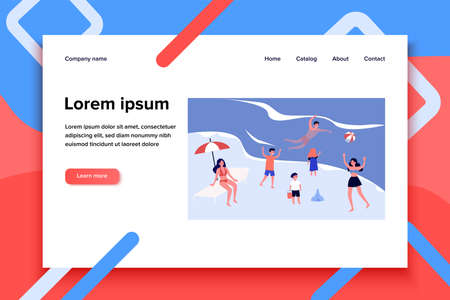 People relaxing on beach. Happy tourists bathing in sea water, getting tan flat vector illustration. Vacation, summer, outdoor activity concept for banner, website design or landing web pageのイラスト素材