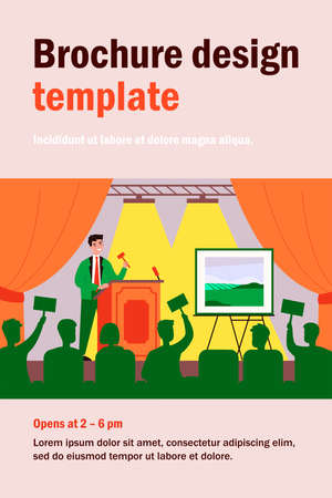 Crowd of buyers bidding at auction isolated flat vector illustration. Cartoon man standing near picture on stage, selling painting and holding gavel. Art gallery and public sale conceptのイラスト素材
