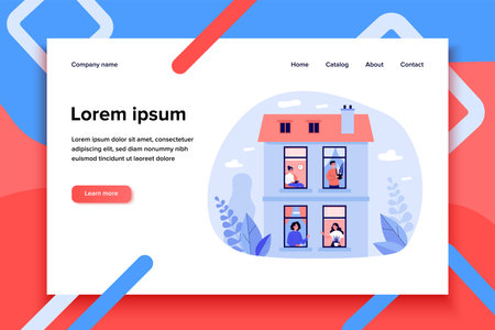 People staying at home under quarantine. Neighbors talking to each other through open windows. Vector illustration for communication, lockdown, neighborhood conceptのイラスト素材