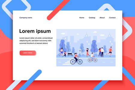 People on city street. Happy young men and woman walking outdoors, riding bikes down urban road, spending weekend in park. Vector illustration for lifestyle, summer outdoor activities conceptのイラスト素材