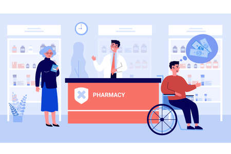 People in drug store being surprised about prices. Cash, wheelchair, grandmother flat vector illustration. Pharmacy and medicine concept for banner, website design or landing web pageのイラスト素材