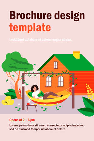 Happy girl relaxing in backyard, lying in hammock and reading book. Vector illustration for leisure, summer vacation, home garden conceptのイラスト素材