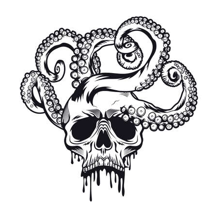 Dead head with tentacles tattoo template. Monochrome element with octopus in pirate skull and leaking blood vector illustration. Sea life concept for symbols and emblems designのイラスト素材