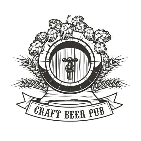 Craft beer pub emblem design. Monochrome element with barrel, hops and wheat ears vector illustration with text. Alcohol and bar concept for symbols and labels templatesのイラスト素材