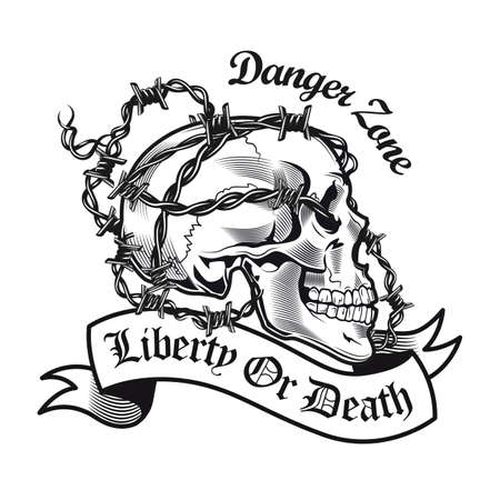 Danger zone symbol design. Monochrome element with skull and barbed wire vector illustration with text. Keeping distance or defense concept for emblems and labels templatesのイラスト素材