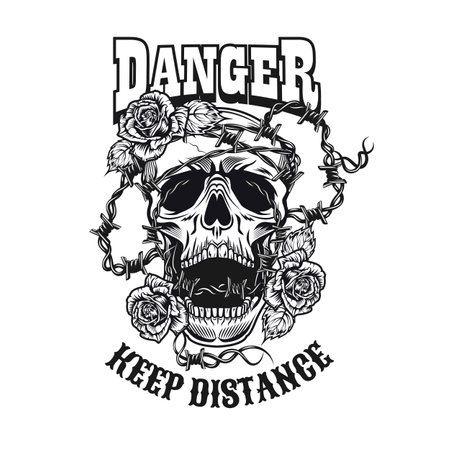 Keeping distance tattoo design. Monochrome element with skull, flowers and barbed wire vector illustration with text. Danger or defense concept for emblems and labels templatesのイラスト素材