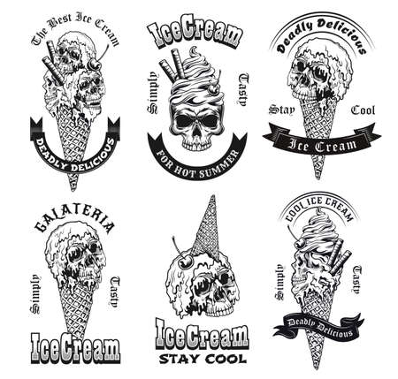Ice cream tattoo templates set. Monochrome design elements with skulls, waffle cone, berry and text. Summer or dessert concept for emblems and symbols designのイラスト素材