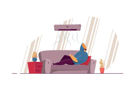 Lazy guy lying on sofa under air conditioner isolated flat vector illustration. Cartoon man relaxing on couch in cold living room. Comfort control at home and leisure conceptのイラスト素材