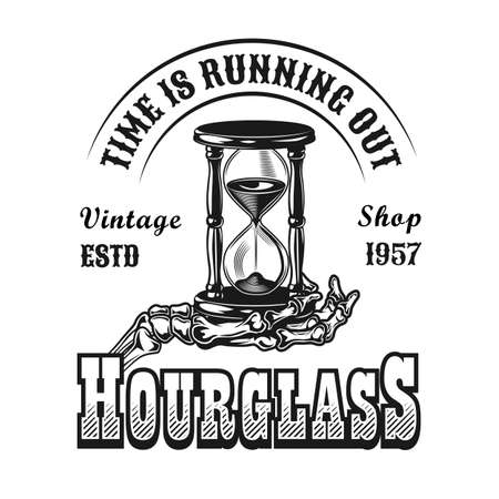 Hourglass emblem design. Monochrome element with sandglass on skeleton hand vector illustration with text. Time or vintage clock concept for symbols and labels templatesのイラスト素材
