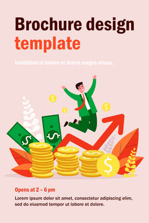 Happy banker jumping over coins flat vector illustration. Cartoon rich businessman celebrating finance growth. Market and income chart conceptのイラスト素材