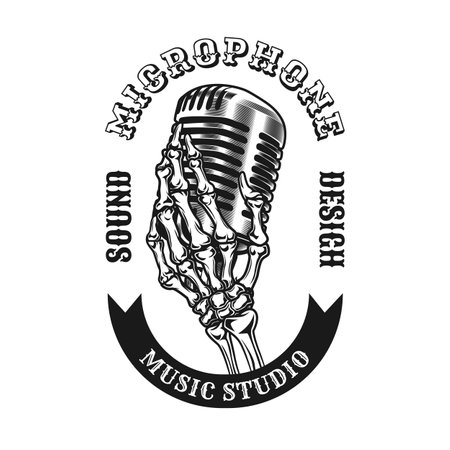 Microphone emblem design. Monochrome element with skeleton hand holding mic, dynamic, speaker vector illustration with text. Sound concept for symbols and labels templatesのイラスト素材