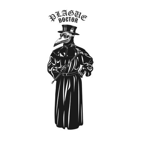 Plague doctor character tattoo design. Monochrome element with mask, top hat and coat vector illustration with text. Medieval or epidemic concept for symbols and labels templatesのイラスト素材
