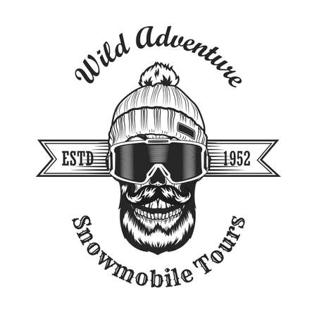 Stylish badge for snowmobile tours vector illustration. Monochrome label with bearded skull in warm knitted hat and sunglasses. Extreme and winter sport concept can be used for retro templateのイラスト素材