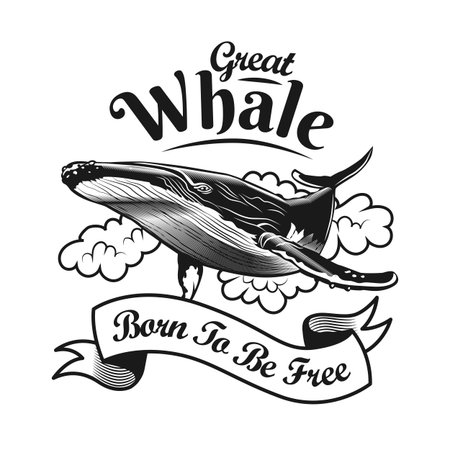 Trendy great whale emblem. Black and white design elements with whale in clouds and text. Nature or wildlife concept for travel agency stamp, label, sign templateのイラスト素材