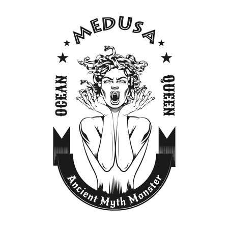 Monochrome Medusa Gorgon emblem. Retro design element with ancient myth monster and text vector illustration. Ancient Greece mythology concept for tattoo, stamp, print templateのイラスト素材