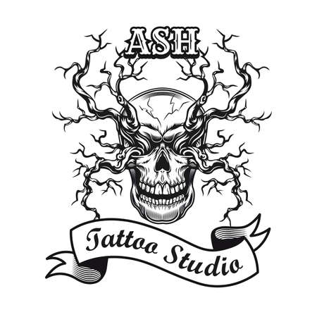 Ash shop label design. Monochrome element with leafless tree branches and skull vector illustration with text. Tattoo studio concept for badges and emblems templatesのイラスト素材