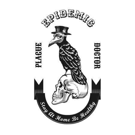 Plague doctor bird emblem design. Monochrome element with crow in mask on skull vector illustration with text. Medieval or epidemic concept for symbols and labels templatesのイラスト素材