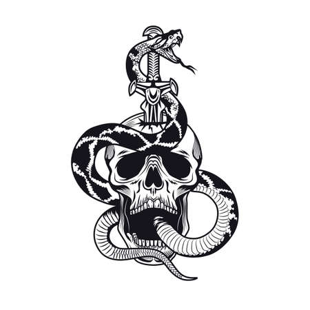 Tattoo design with snake and skull. Monochrome element with skeleton head and sword vector illustration. Wild animal gothic concept for symbols and labels templatesのイラスト素材
