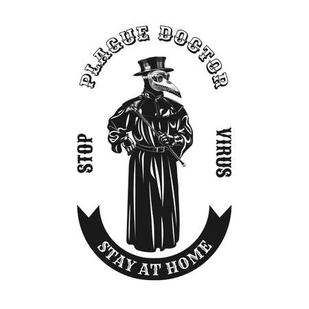 Plague doctor symbol design. Monochrome element with mask, top hat and coat vector illustration with text. Medieval or epidemic concept for symbols and labels templatesのイラスト素材