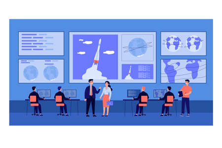 Cosmic engineers monitoring rocket launch, starting ship, working at computers inside space center. Flat vector illustration for cosmic flight mission, satellite surveillance control conceptのイラスト素材