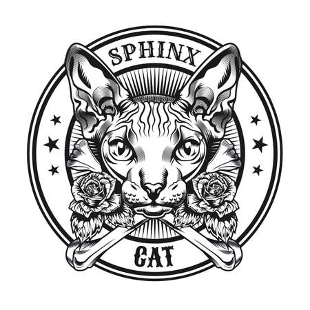 Sphinx head stamp design. Monochrome element with furless cat, bones, flowers in circle vector illustration with text. Egyptian culture or animal concept for symbols and labels templatesのイラスト素材