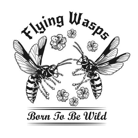 Two wasps in flowers black and white tattoo vector illustration. Vintage flying wasps and blossoms. Dangerous insects and fauna concept can be used for retro template, banner or posterのイラスト素材