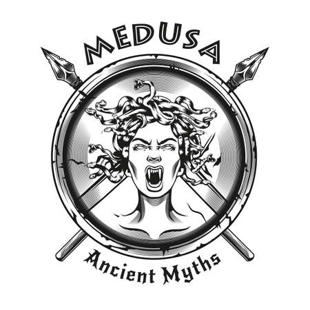 Engraving shield with Medusa Gorgon head. Black and white design element with female head, spears, shield and text. Ancient Greece mythology concept for tattoo, stamp, print templateのイラスト素材