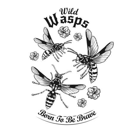 Engraving flying wild wasps tattoo vector illustration. Vintage wasps and flowers. Dangerous insects and fauna concept can be used for retro template, banner or posterのイラスト素材