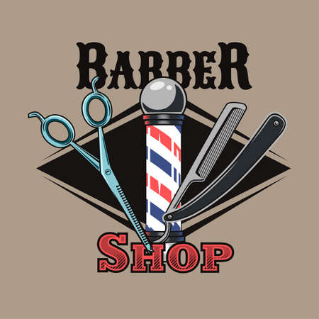 Retro badge for modern barbershop vector illustration. Colorful label with pole, scissors and shaving razor. Fashion and elegant style concept can be used for retro templateのイラスト素材